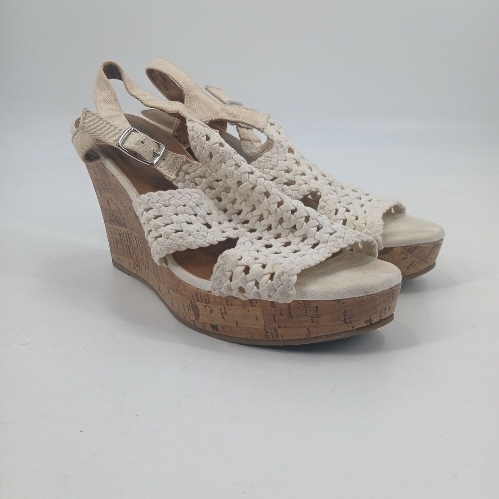 SO Womens Size 8 Cream Laser Cut Crochet Cork Wedge Platform Sandals